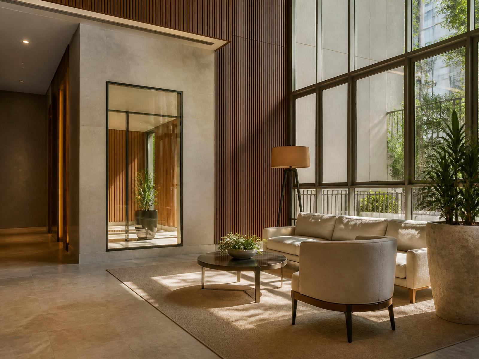 Área comum de condomínio residencial em São Paulo com iluminação natural e ambiente organizado
